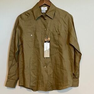 Carry Back Women's 100% Linen Button Down Shirt Oak Brown Long Sleeve Top NWT 4